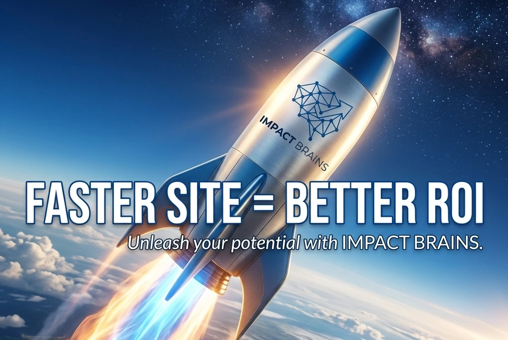 image of a rocket with impact brains logo flying in outer space indicating fast website