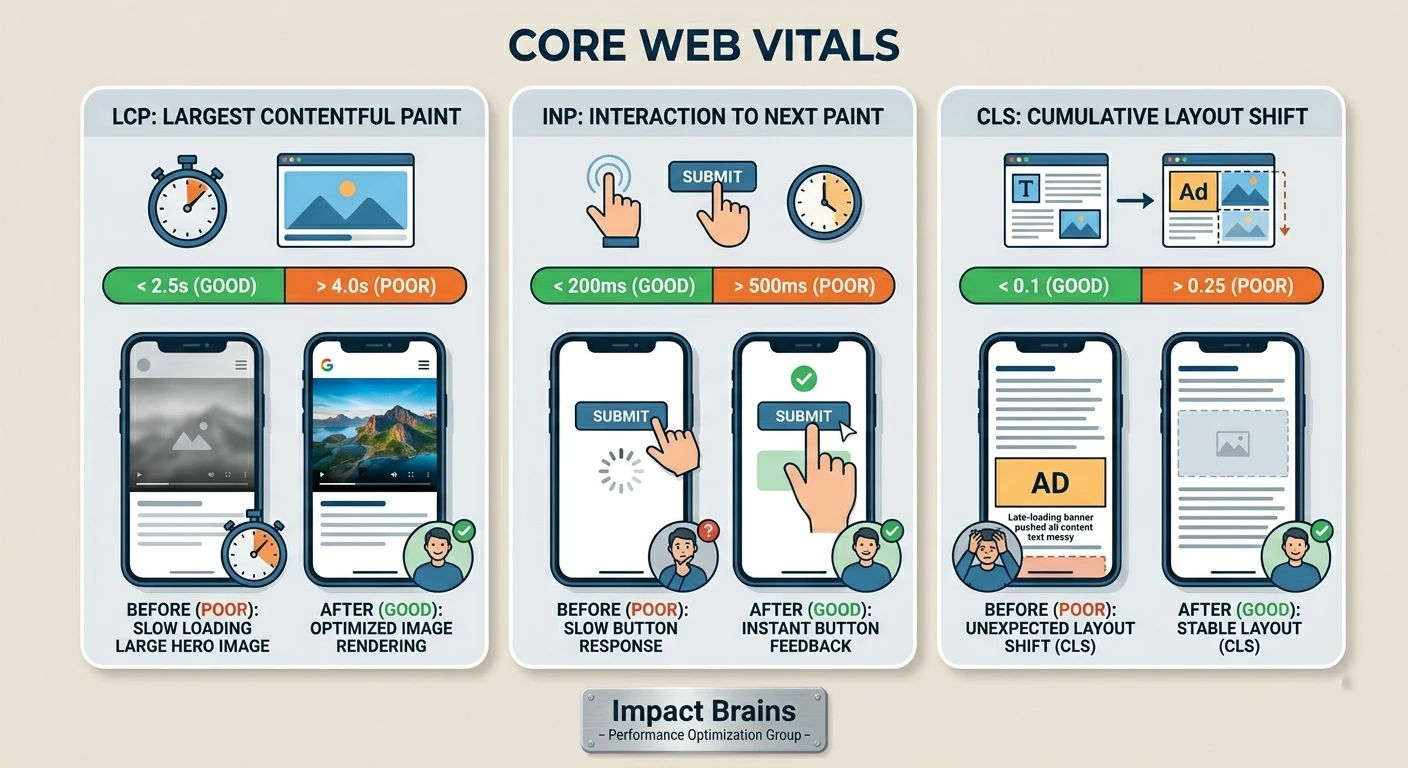 before and after web vitals comparison showing lcp, inp and cls