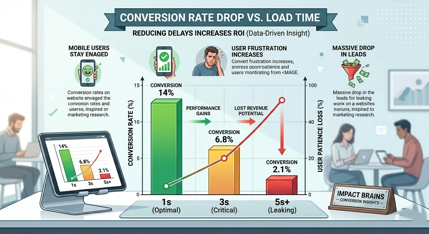A simple infographic or bar/line chart showing "Conversion Rate Drop vs. Load Time"