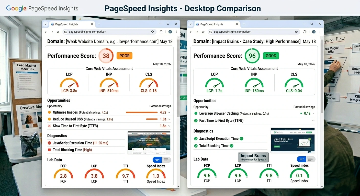 pagespeed insight of desktop showing good and bad performance of a website