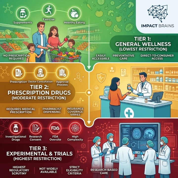 Infographic showing Google Ads healthcare advertising policy tiers from general wellness to pharmaceutical restrictions
