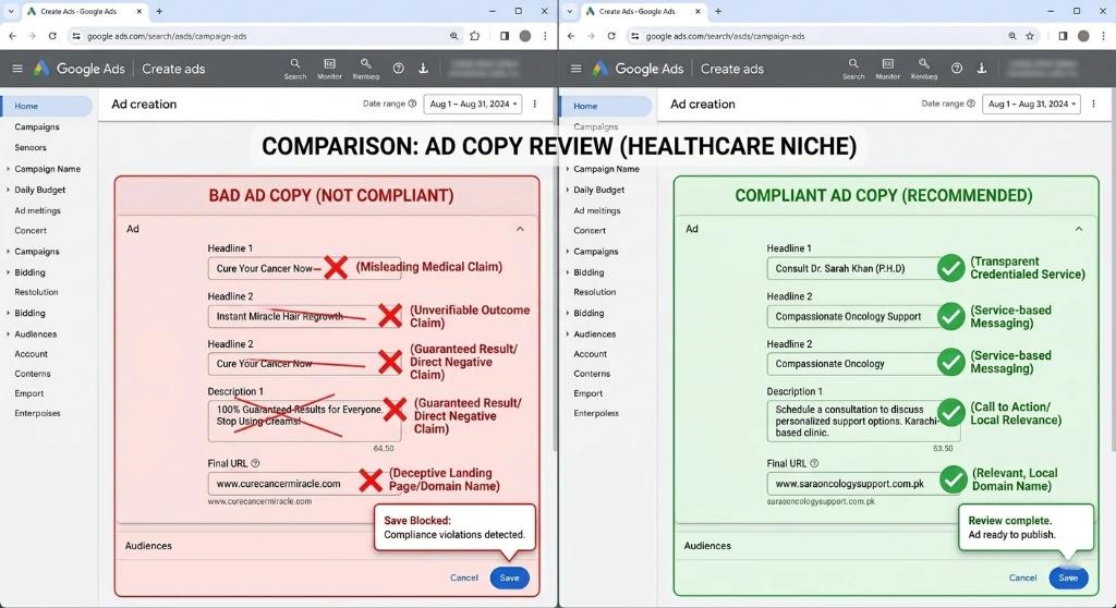 Side by side comparison of non-compliant versus compliant Google Ads copy for healthcare advertisers