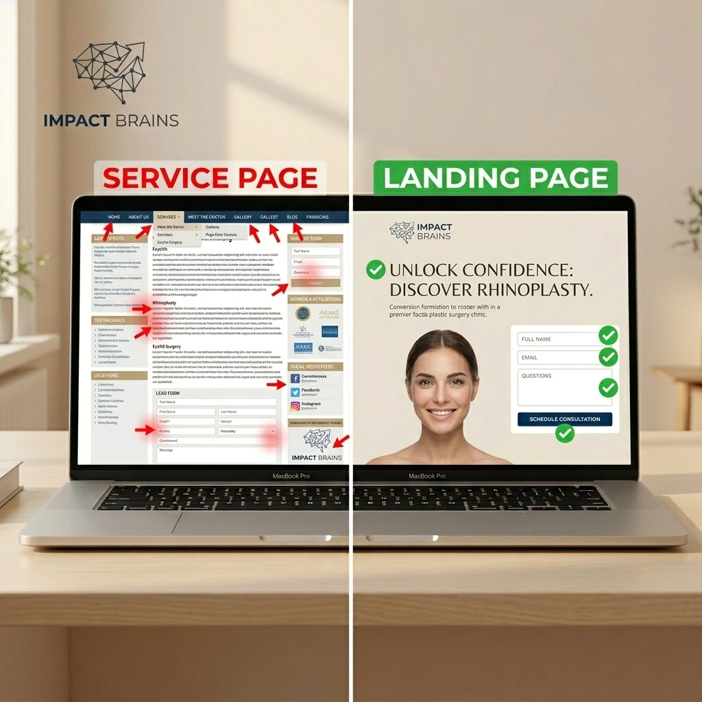 Side by side mockup showing distracting plastic surgery website service page versus clean facelift landing page with single CTA