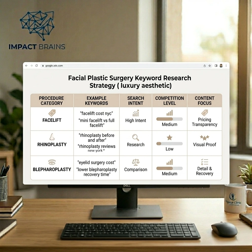 Google Ads keyword strategy infographic for facelift rhinoplasty and blepharoplasty plastic surgeon campaigns