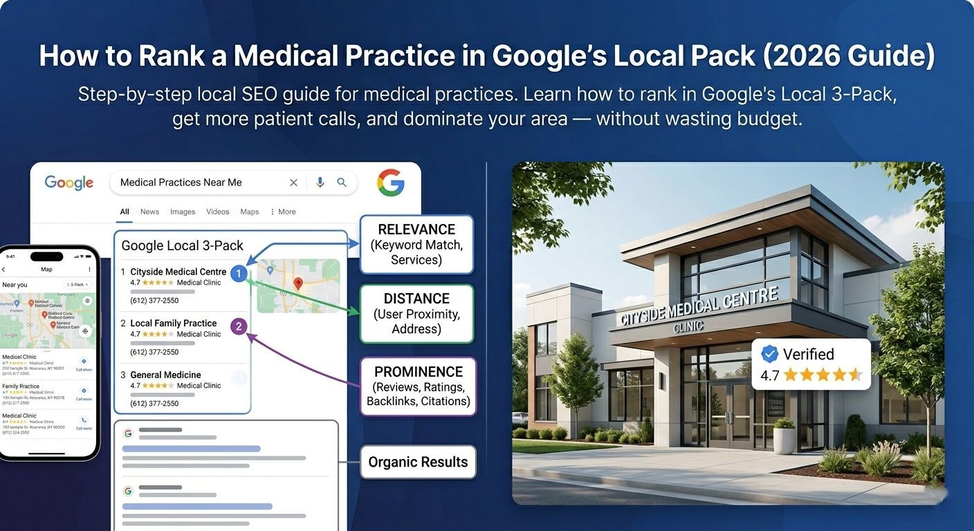 Diagram of Google's Local 3-Pack appearing above organic search results, with arrows annotating the three ranking signals: Relevance, Distance, and Prominence