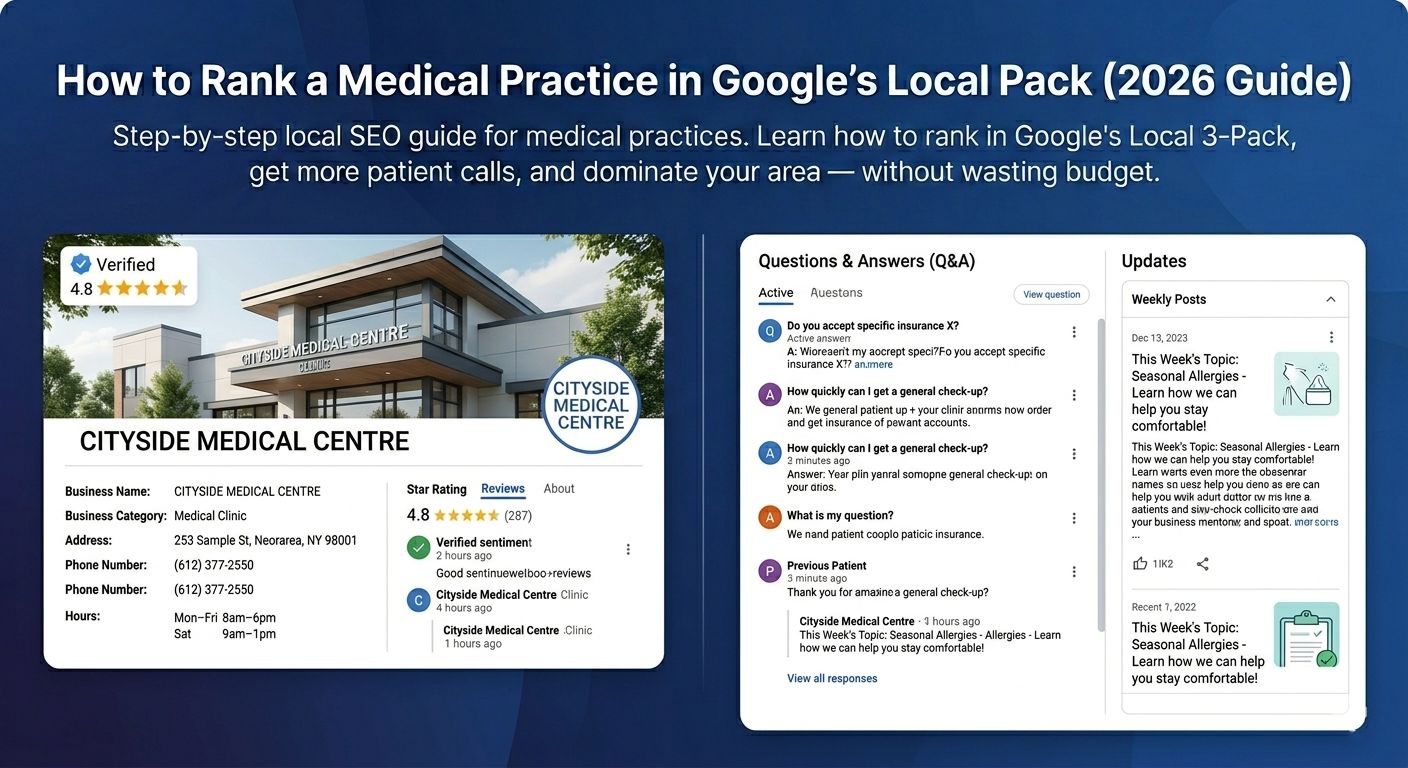 Screenshot of a fully optimised Google Business Profile for a medical clinic, showing all fields completed, a 4.8-star rating, an active Q&A section, and weekly posts visible