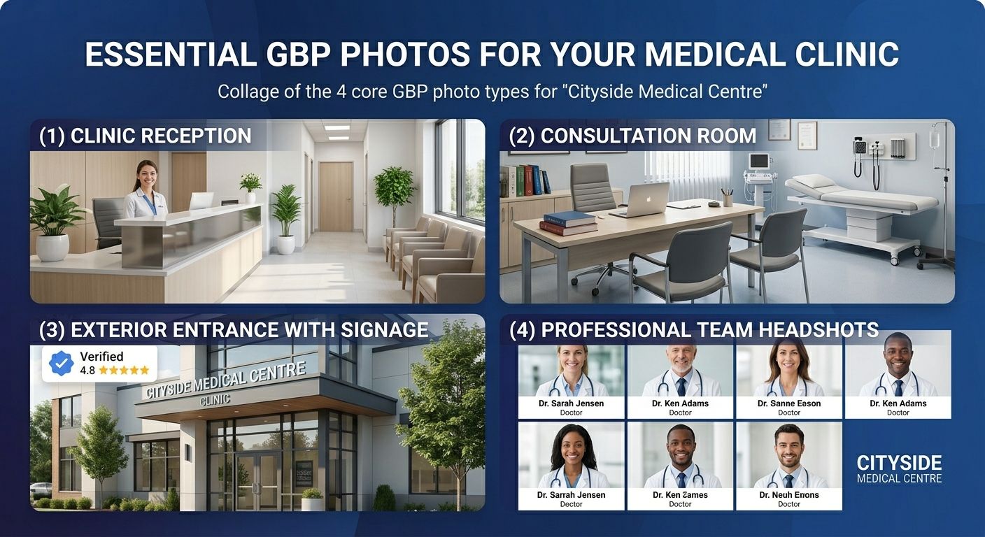 Four-panel photo collage showing the core GBP photo types for a medical clinic: clean reception area, consultation room, exterior entrance with visible signage, and professional team headshots of doctors in white coats