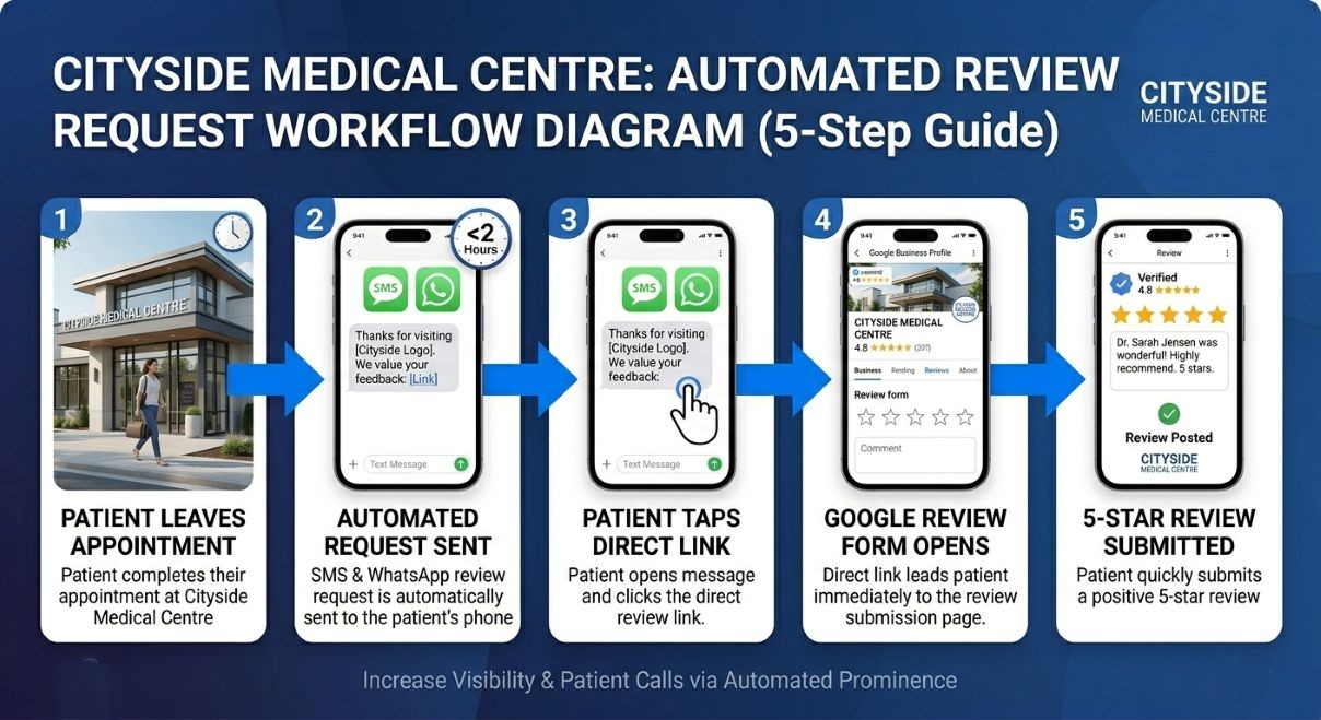 Five-step review request workflow diagram: patient leaves appointment, SMS or WhatsApp request sent within 2 hours, patient taps direct link, Google review form opens, 5-star review submitted