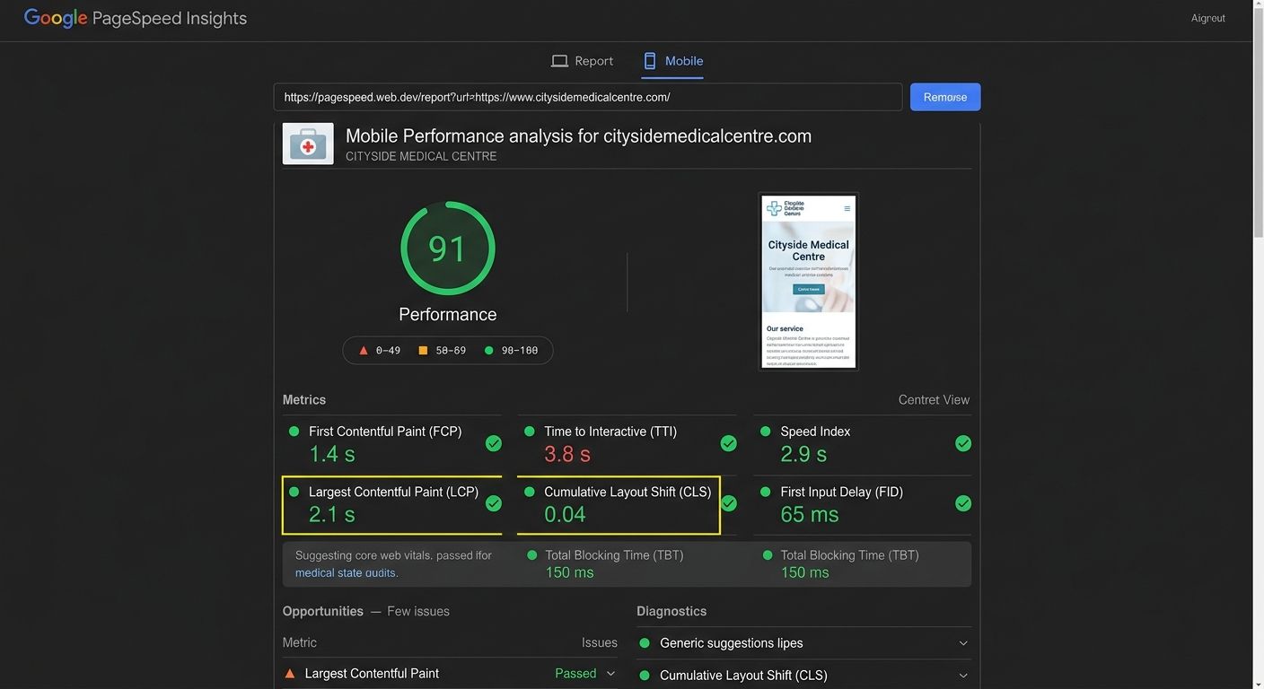 Google PageSpeed Insights report for a medical practice website showing a mobile performance score of 88 or above, with LCP, FID, and CLS metrics all passing in green