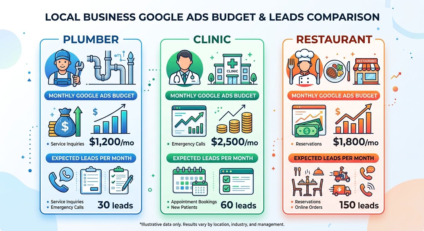 Infographic comparing monthly Google Ads budgets and expected leads per month for three local business types: a plumber, a medical clinic, and a restaurant