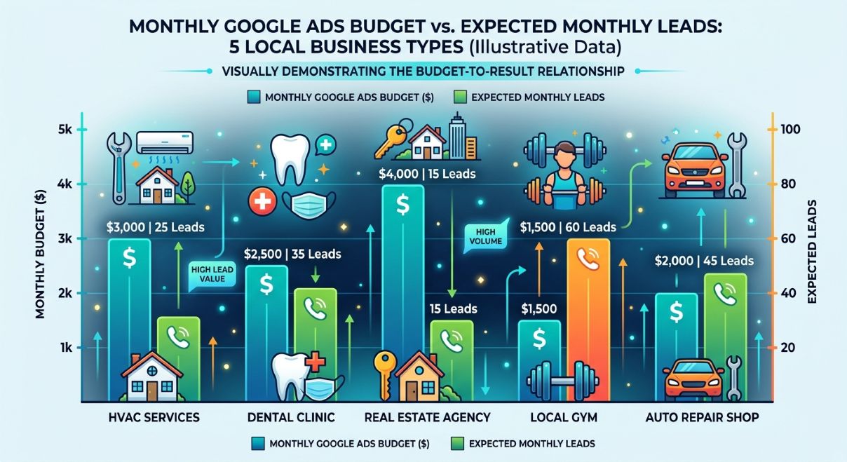 Bar chart showing monthly Google Ads budget versus expected monthly leads for five local business types, illustrating how investment scales with lead volume