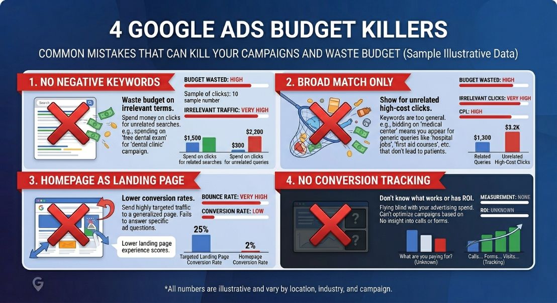Illustrated checklist graphic titled '4 Google Ads Budget Killers', showing four red-flagged mistakes: no negative keywords, broad match only, homepage as landing page, and no conversion tracking, each marked with a red X