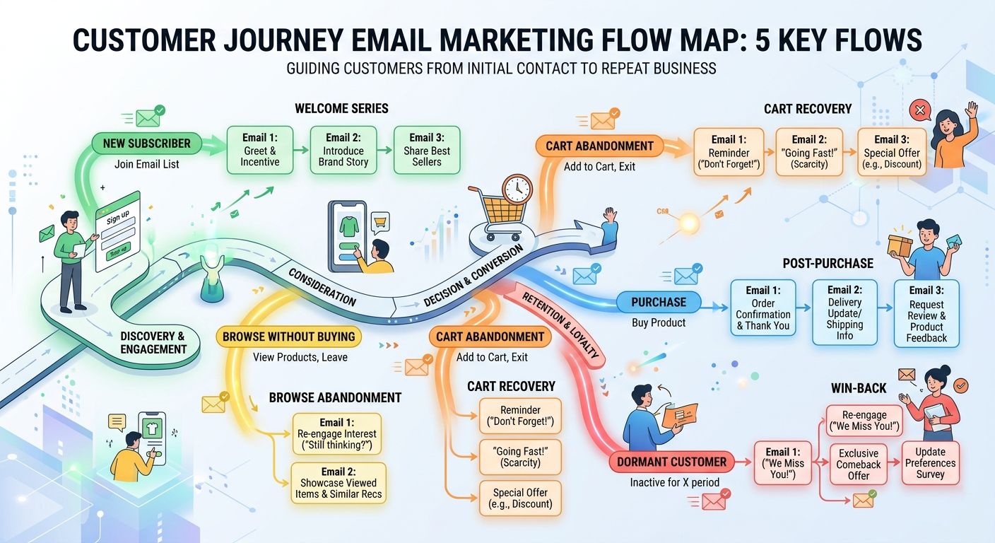 Customer journey map showing 5 automated email flows: new subscriber triggers Welcome Series, cart abandonment triggers Cart Recovery, purchase triggers Post-Purchase, browsing without buying triggers Browse Abandonment, and dormant customers trigger Win-Back campaign