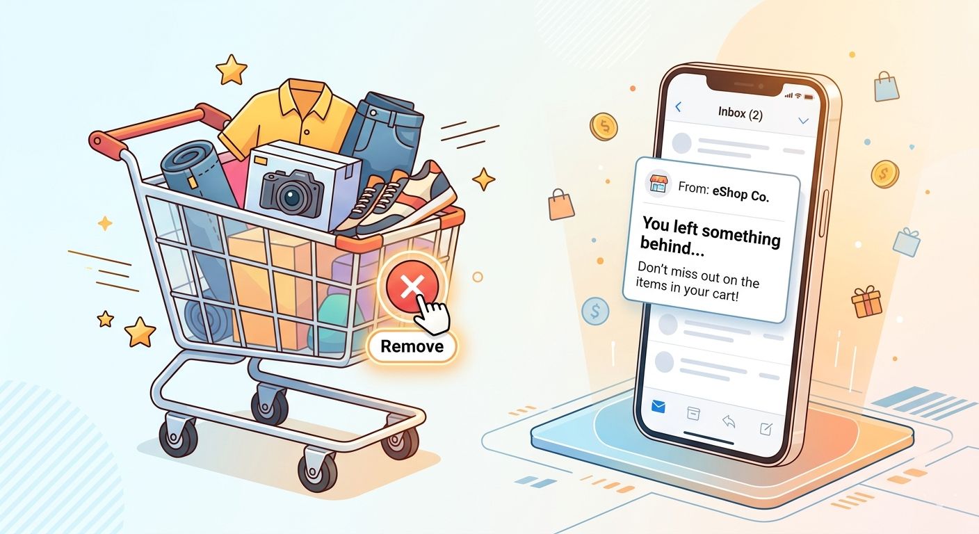 Abandoned cart concept illustration: a shopping cart with items and a red X hover state beside a smartphone displaying an email notification with the subject line 'You left something behind...'