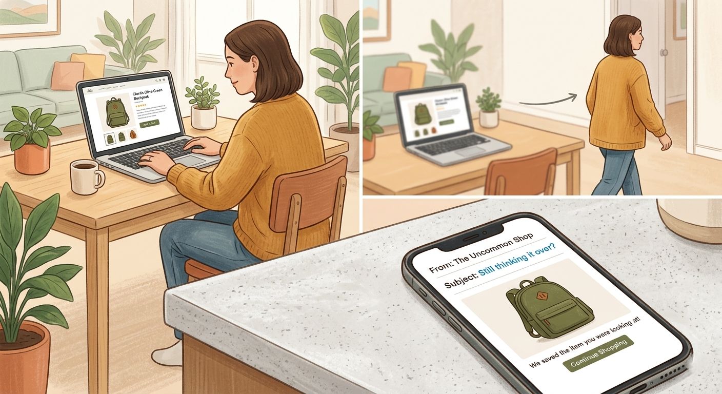Browse abandonment concept: a shopper viewing a product page on laptop then walking away, with a phone notification appearing below showing 'Still thinking it over?' alongside the viewed product image