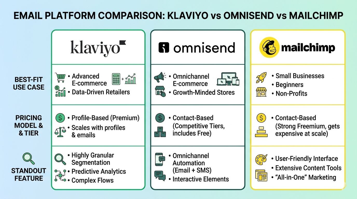 Email platform comparison grid showing logos of Klaviyo, Omnisend, and Mailchimp side by side with a 3-row table beneath each comparing best-fit use case, pricing tier, and standout feature