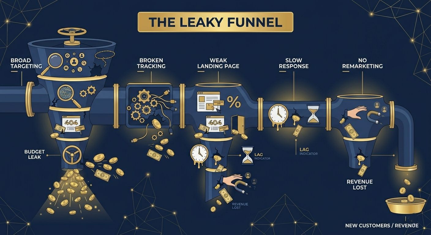 Infographic showing 'The Leaky Funnel' — a vertical funnel with 5 leak points where plastic surgery marketing budget drains out.