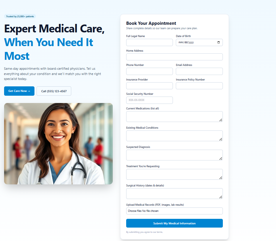 Example of a non-HIPAA compliant medical landing page form — showing non hipaa-compliant form fields