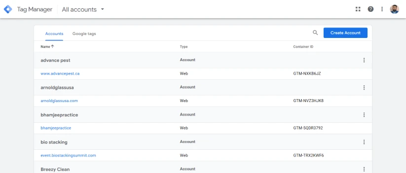 Hero-image of GTM Container containing more than 50 GTM Containers managed under one singular account