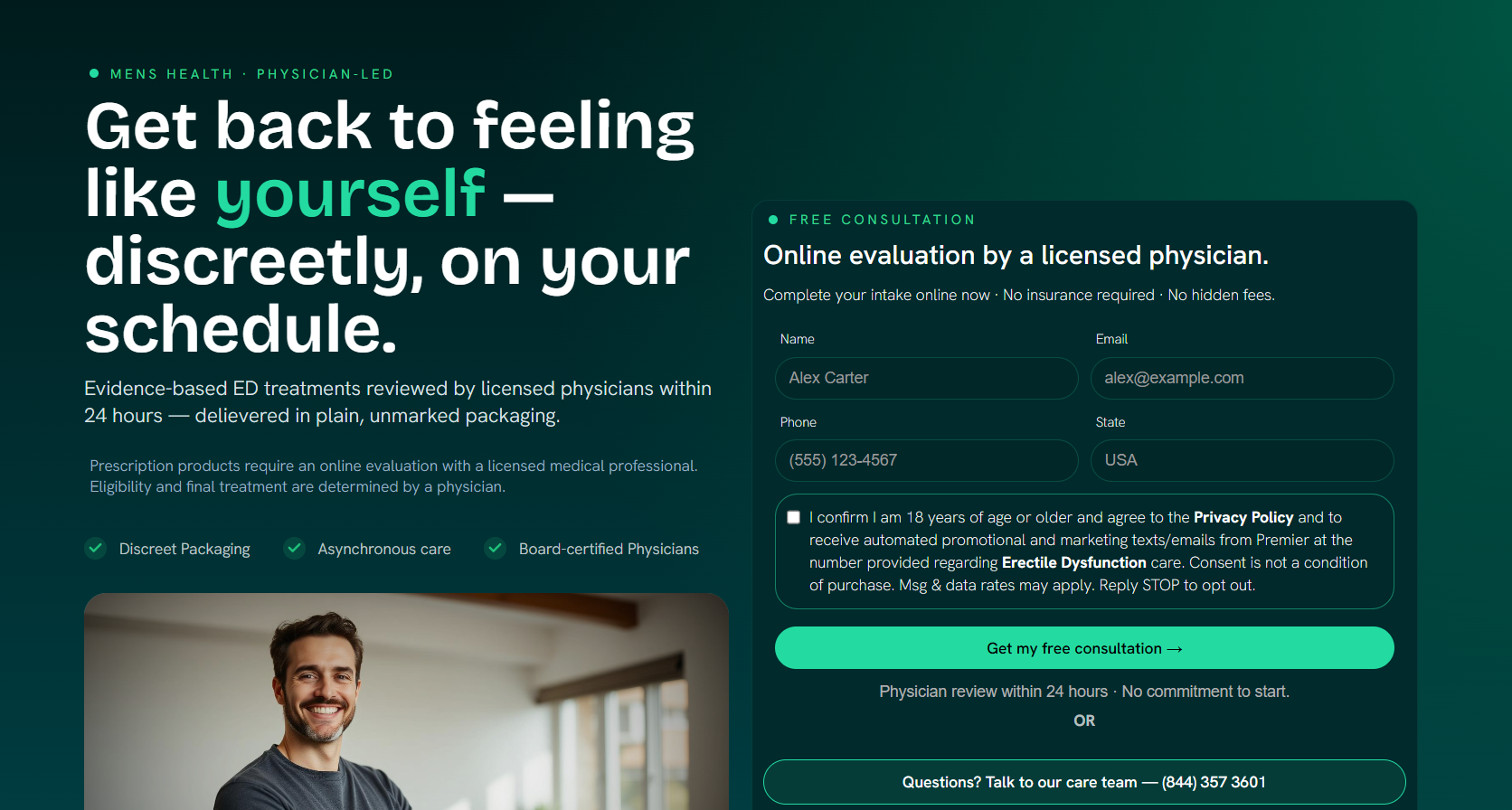 Mens Health Landing Page for Telehealth business Hero Screenshot