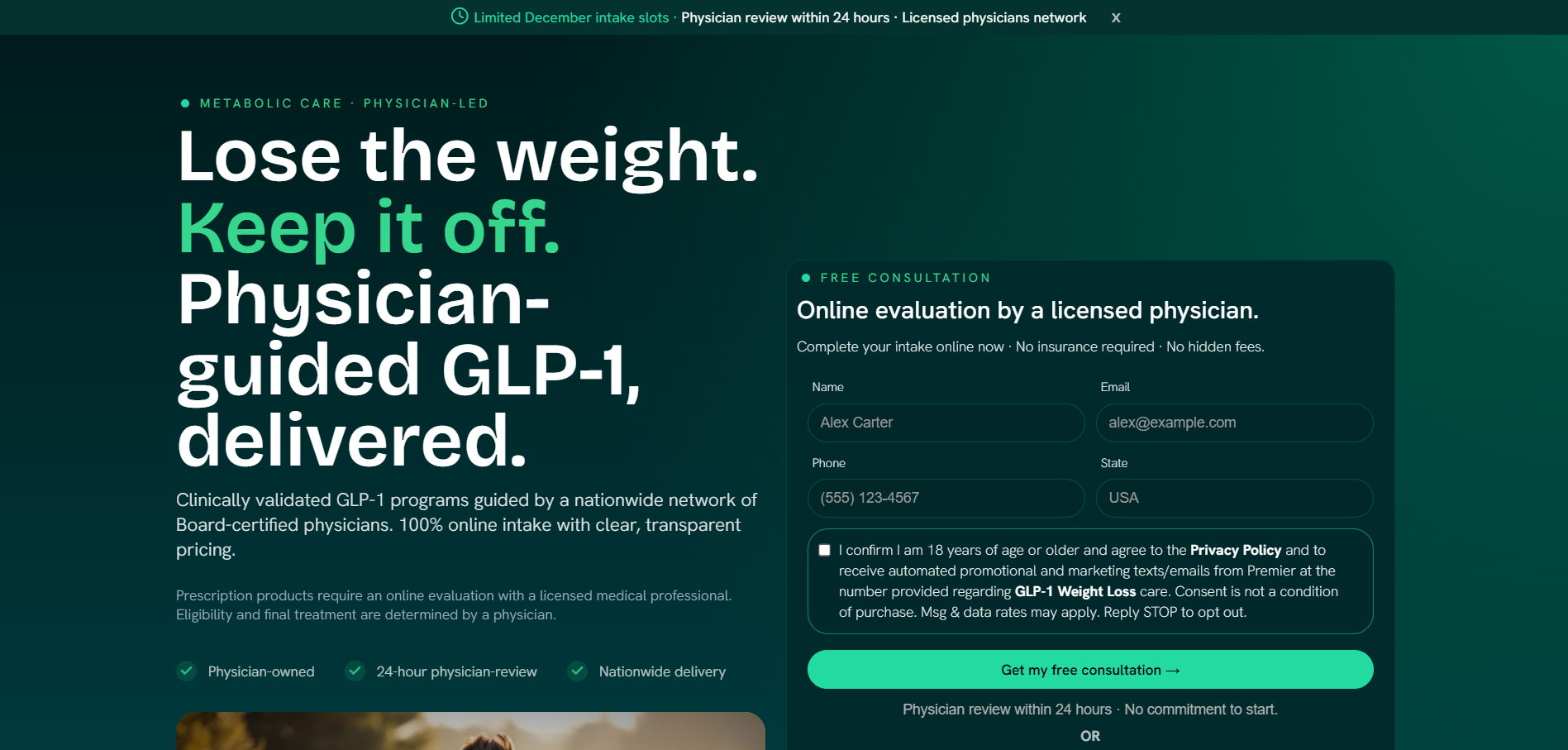 Weight Loss Landing page for telehealth brand hero screenshot