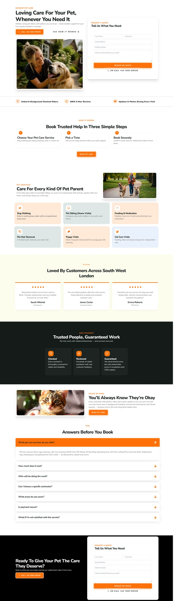 UK Business Pet Care Services Landing Page Complete Screenshot