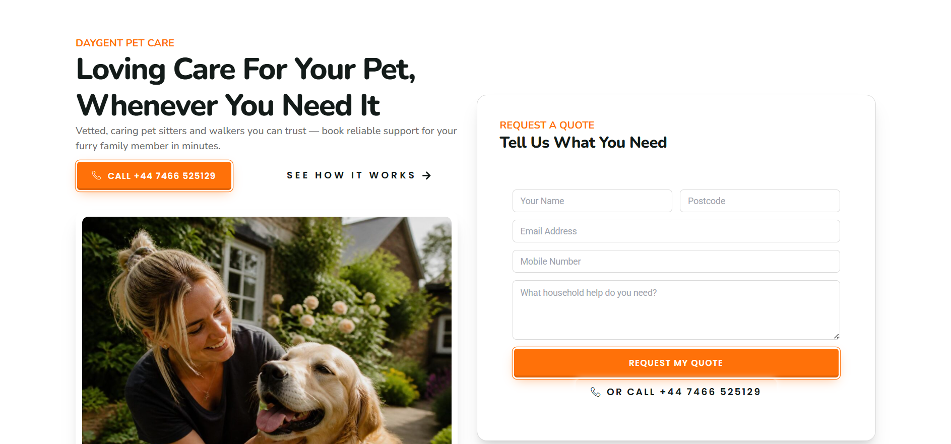 UK Business Pet Care Services Landing Page Hero Screenshot