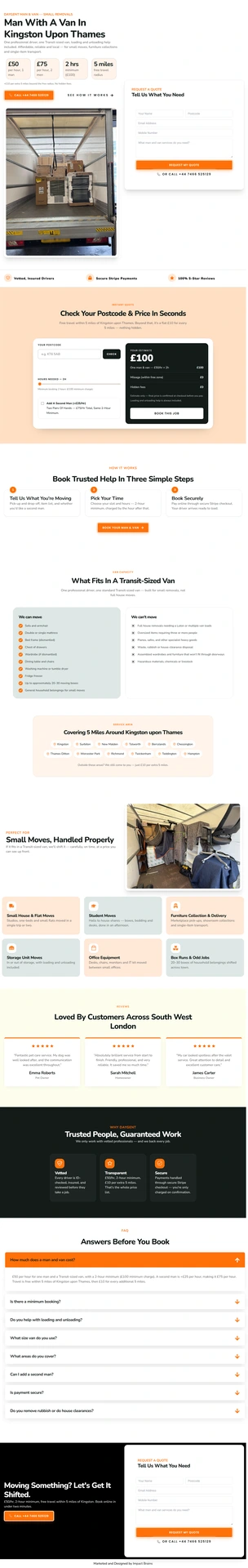 Man and van newly launched service landing page complete screenshot