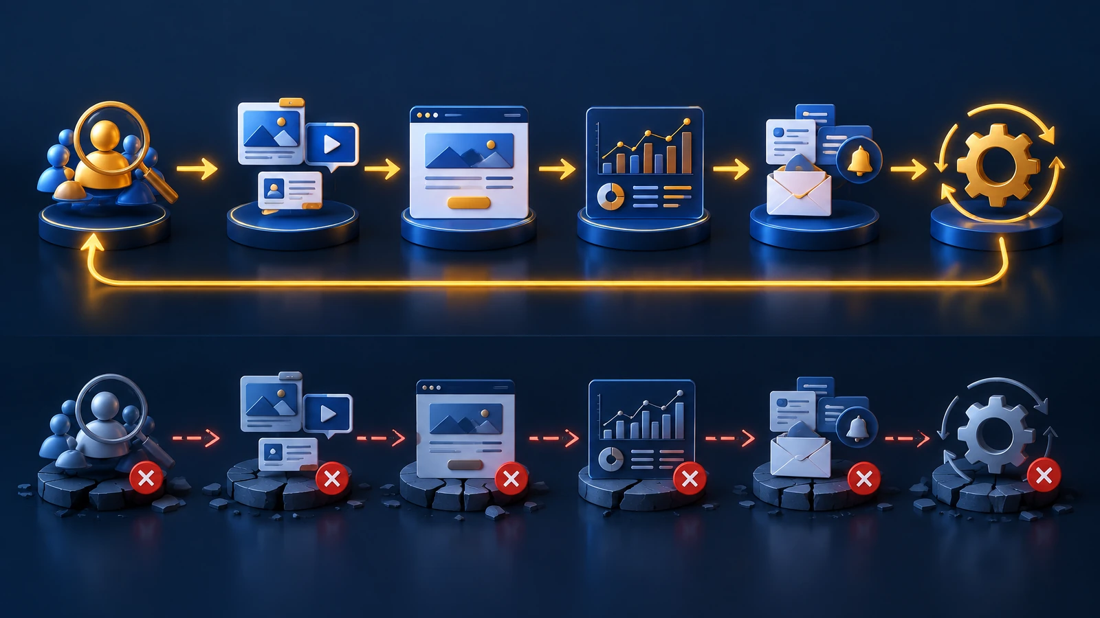 Connected marketing system workflow linking audience insight, media, landing pages, attribution, CRM follow-up and continuous optimization