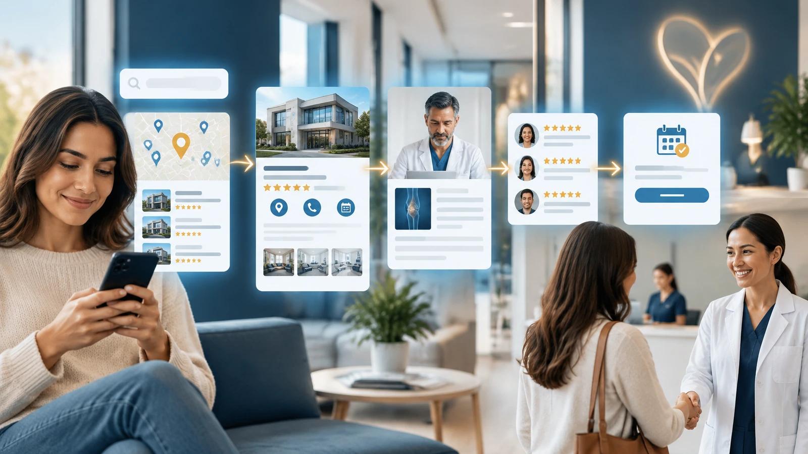 Patient journey from local medical search and practice discovery to clinician-reviewed information, reviews and a booked appointment