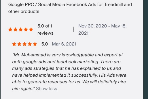 Client review covering Google Ads and Facebook marketing