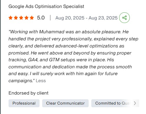 Client review of an Impact Brains Google Ads optimization specialist