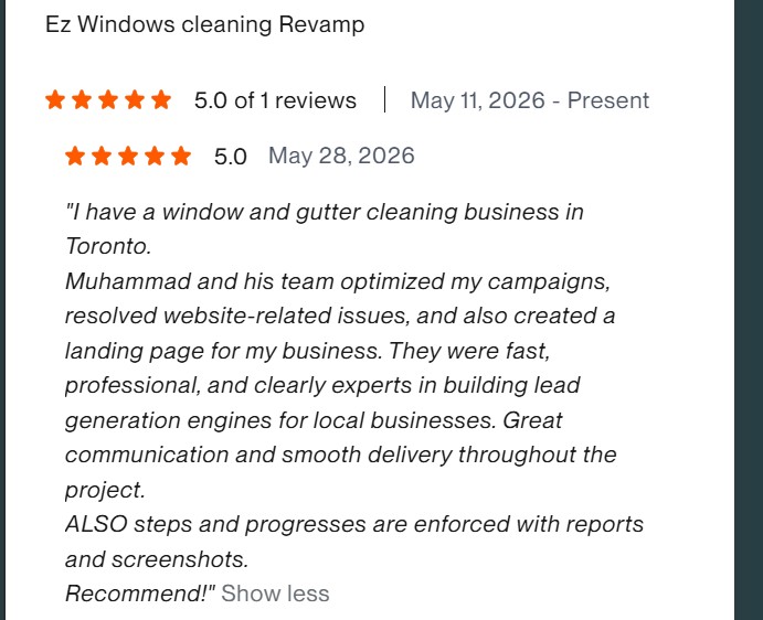 Client review from a window cleaning business: Google Ads and landing page