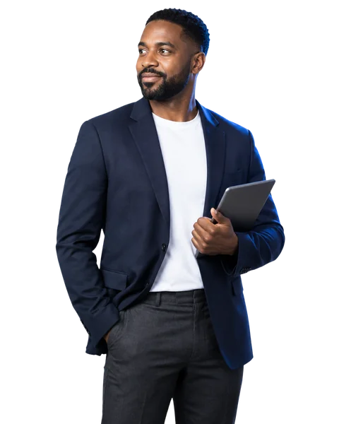 B2B marketing leader in a navy blazer holding a tablet, ready to review qualified pipeline