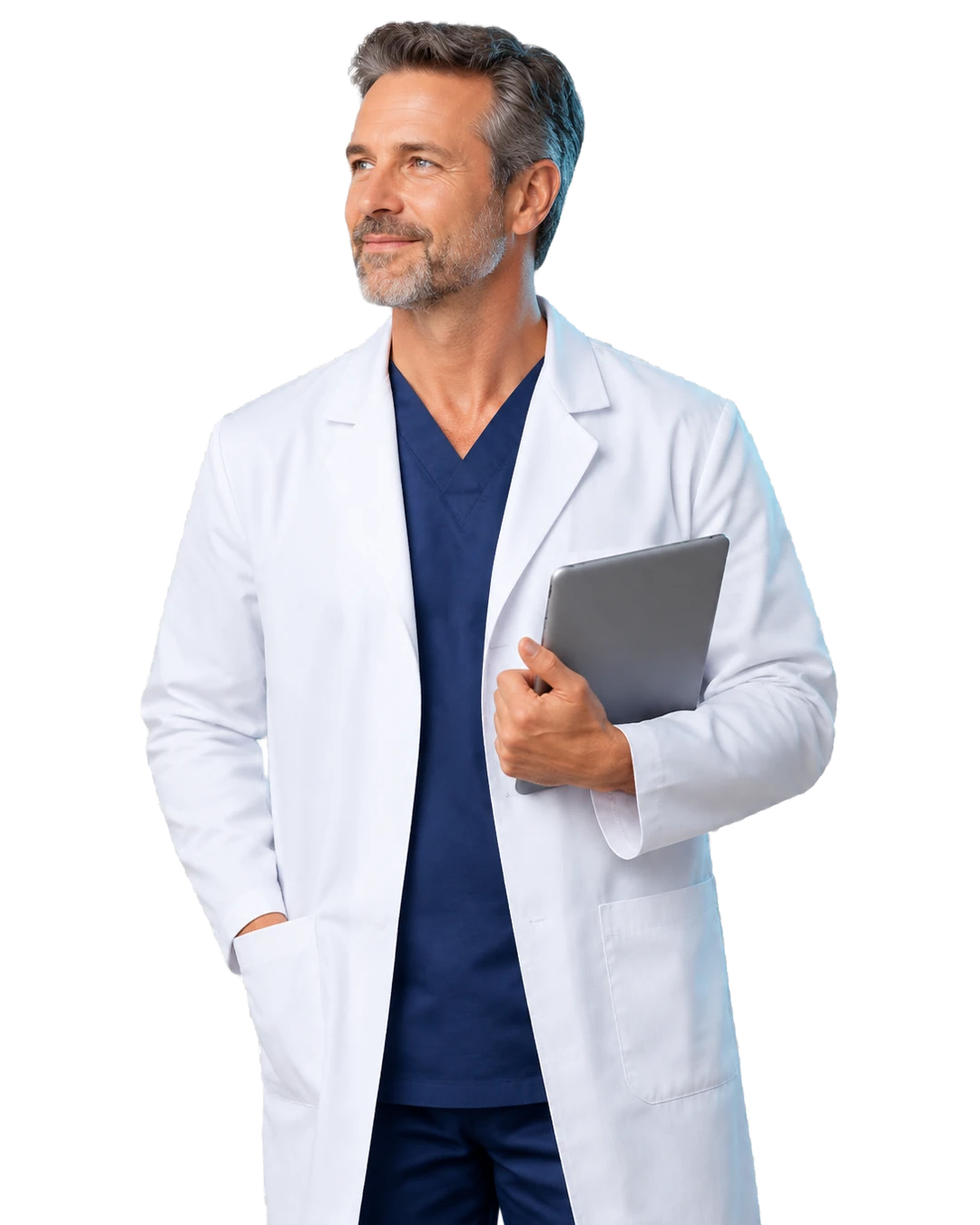 Practice owner and lead physician in a white coat, focused on new patients rather than clicks