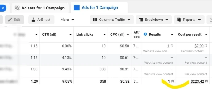 meta ads campaign beginning showing high cpa