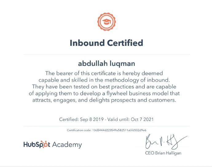 hubspot academy inbound certiificate for muhammad abdullah